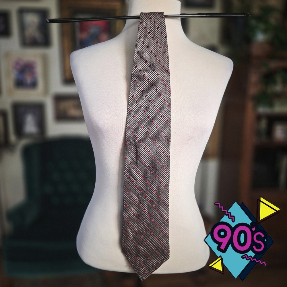 Structure Silk Wool Tie Vintage 90s Mens Geometric Pattern Grey Burgundy USA